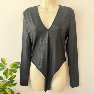 SHEIN Black Croc Deep V-Neck Bodysuit